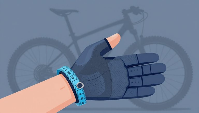 Une main mesure son poignet avec un mètre ruban près d’un gant de VTT ouvert.