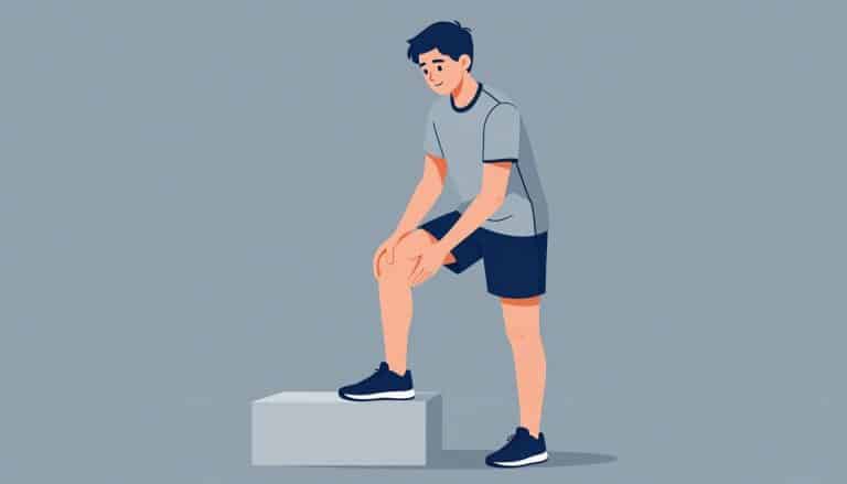 Un jeune sportif touche l’avant de son genou droit sur un escalier.
