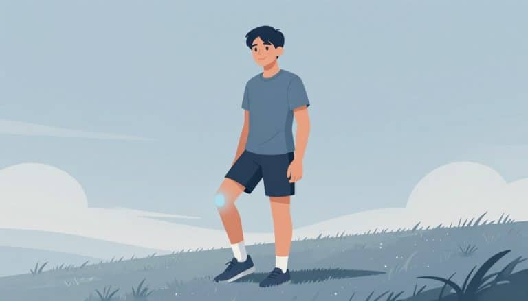 Un adolescent sportif pose sur l’herbe, avec une lueur bleue autour du genou.