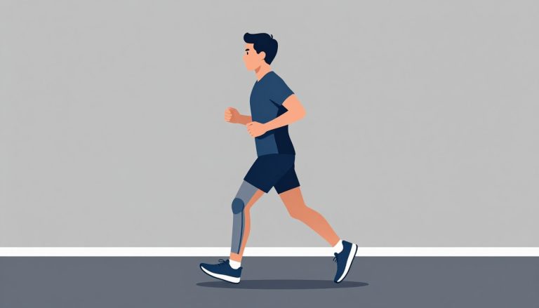 Coureur de profil avec le genou externe marqué en bleu.