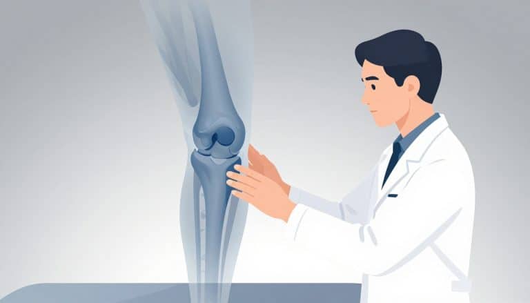 Un kinésithérapeute examine le ligament externe d’un genou représenté en bleu.