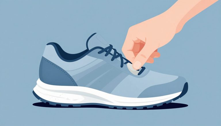 Chaussure de running usée, avec une semelle lisse et une main pressant la mousse.