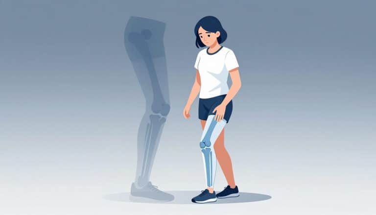Une coureuse tient son genou, accompagné d’un schéma anatomique des ligaments croisés.
