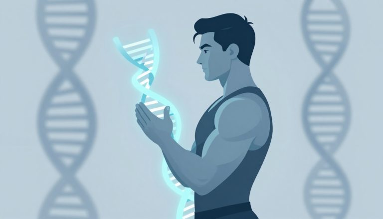 Un culturiste de profil devant une double hélice d’ADN lumineuse.