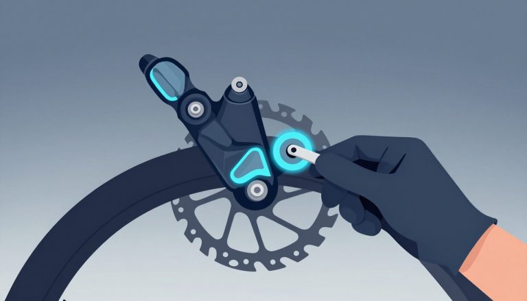 Un frein VTT montre une plaquette usée et une plaquette neuve avec une jauge métallique.