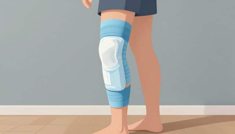 Un genou légèrement fléchi avec un bandage bleu et une poche de glace blanche.