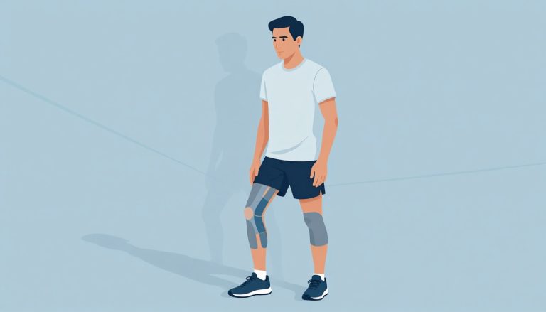 Coureur appuyant sur le côté externe de son genou droit, avec la bandelette ilio-tibiale illustrée.