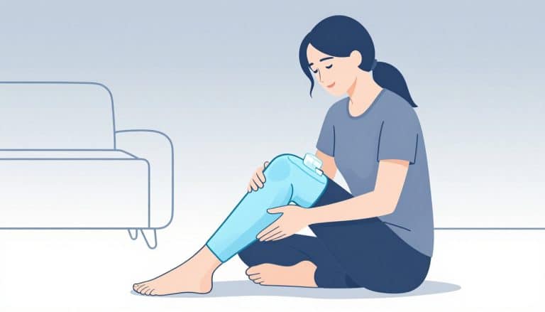 Une femme pose une poche de glace sur son genou droit.