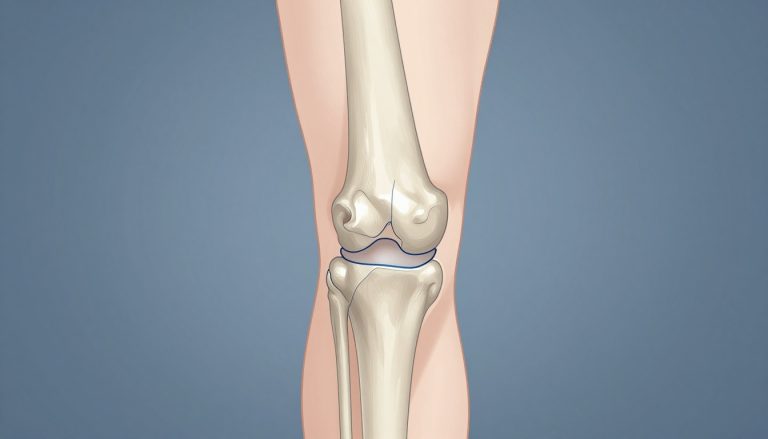 Illustration d’un genou montrant un ligament légèrement déchiré sur fond bleu ardoise.