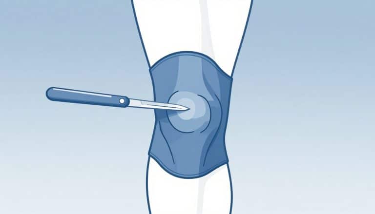 Vue latérale d’un genou avec la bandelette ilio-tibiale bleue et un scalpel au-dessus.
