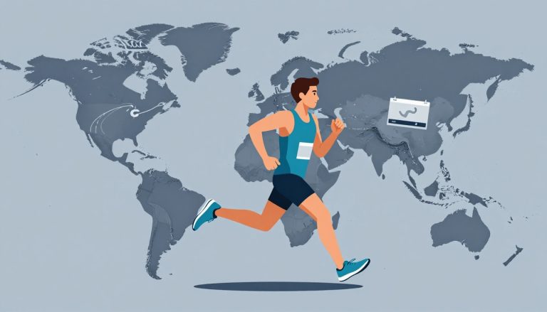 Un coureur devant une carte du monde illustrant plusieurs disciplines de course.