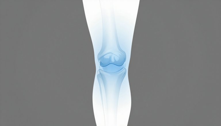 Illustration d’un genou humain avec un gonflement bleu autour de l’articulation.