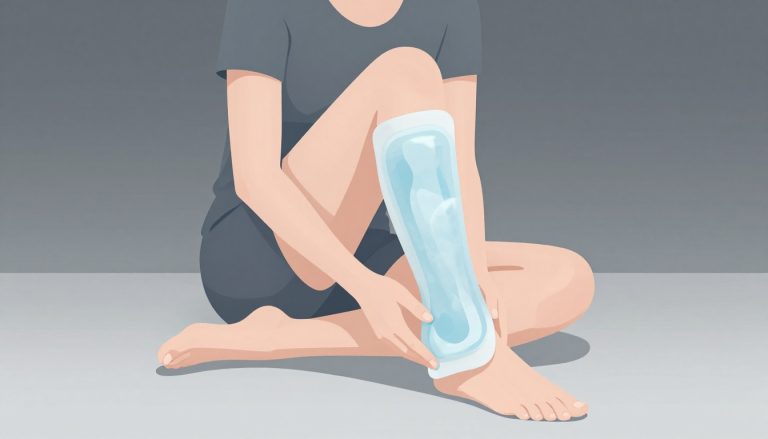 Une femme applique une poche de glace sur son genou gauche légèrement gonflé.