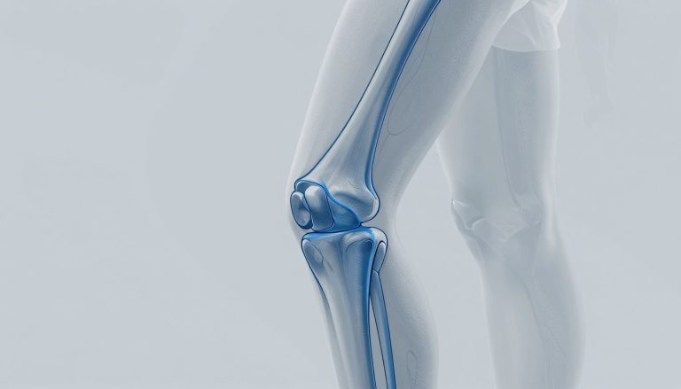 Genou de profil avec les ligaments croisés et collatéraux mis en évidence en bleu.