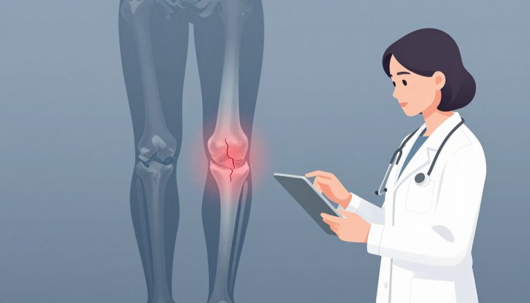 Une médecin montre sur tablette un genou dont le ligament croisé est blessé.