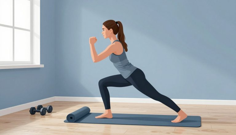Une femme fait un squat dans un salon avec un tapis roulé et des haltères.
