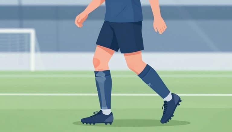 Footballeur courant avec le genou droit tordu et ses structures anatomiques visibles.