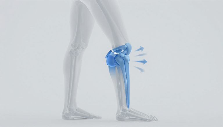 Un genou vu de profil, avec le ligament croisé antérieur étiré et des flèches indiquant une contrainte.