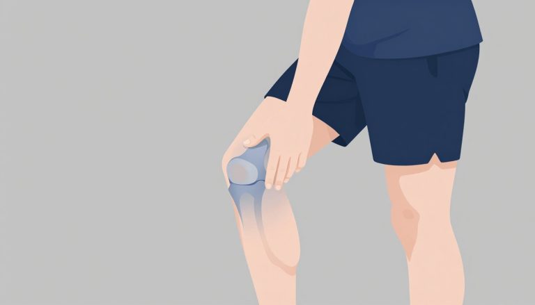 Un coureur touche la zone au-dessus de son tendon rotulien, mise en évidence en bleu.