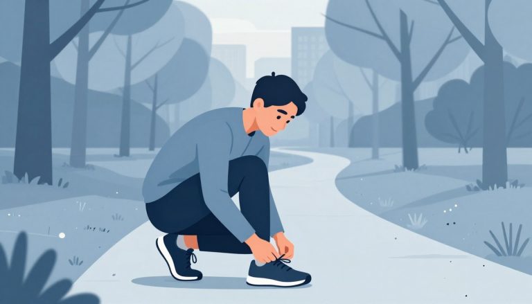Un coureur débutant attache ses chaussures sur un chemin de gravier au lever du soleil.