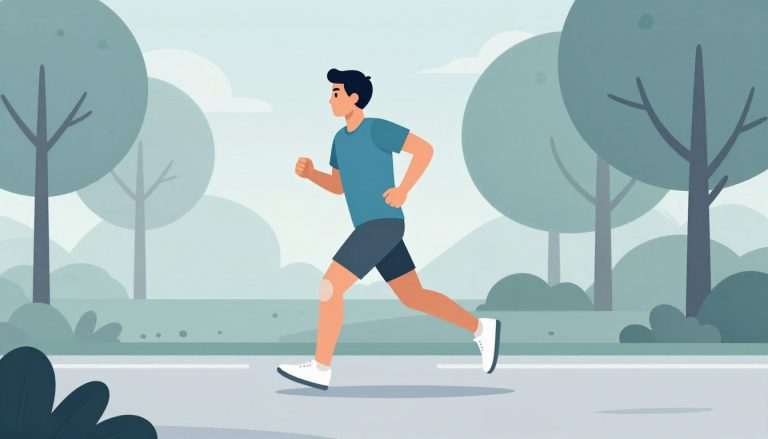 Un coureur en tenue bleue avance sur un chemin bordé d’arbres, avec une genouillère au genou droit.