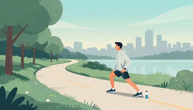 Un coureur s’étire sur un chemin bordé d’arbres, avec des chaussures et une gourde dans l’herbe.