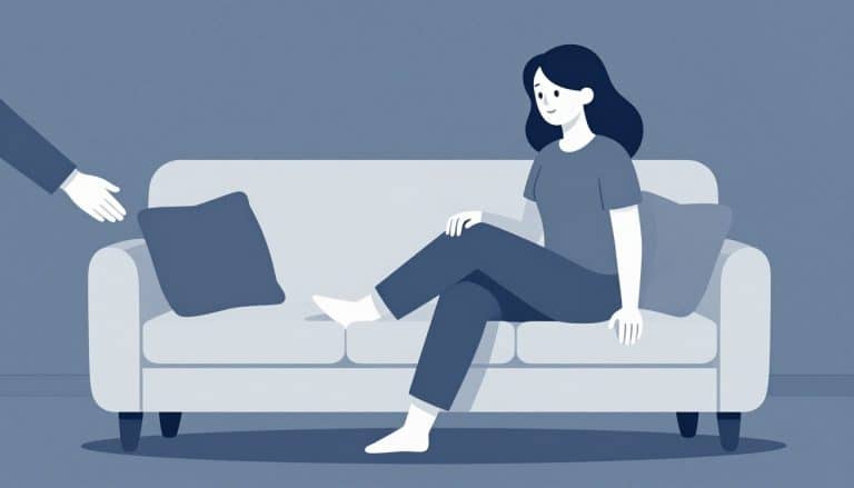 Une femme assise soutient son genou droit sur un coussin avant de se relever.