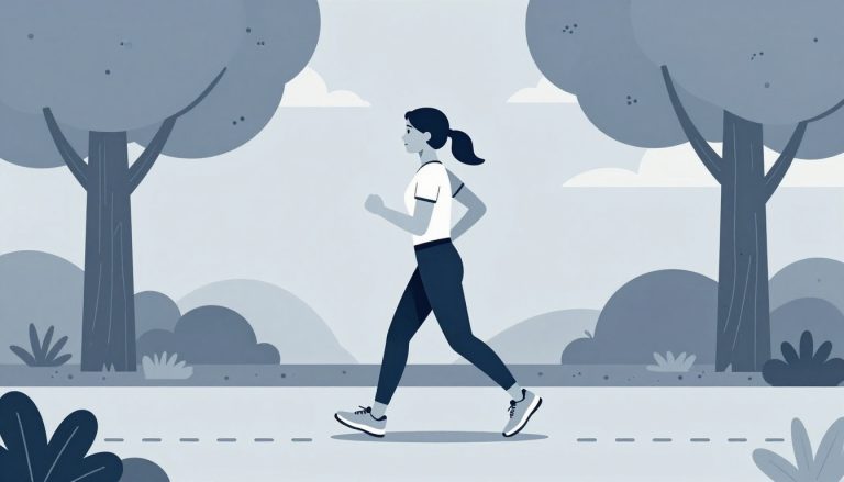 Une coureuse alterne course et marche sur un sentier bordé d’arbres.