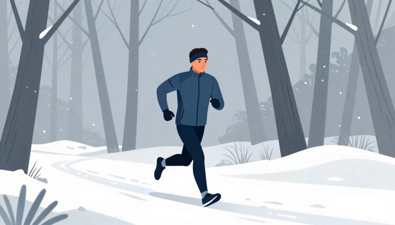 Un coureur équipé de vêtements chauds avance sur un sentier forestier enneigé.