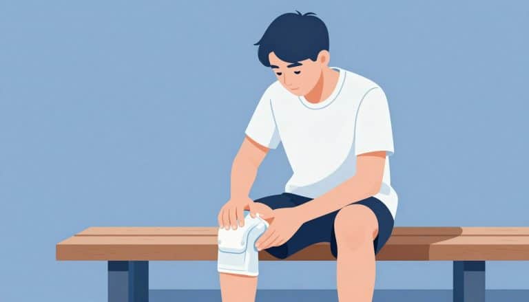 Un adolescent applique une poche de glace sur son genou droit.