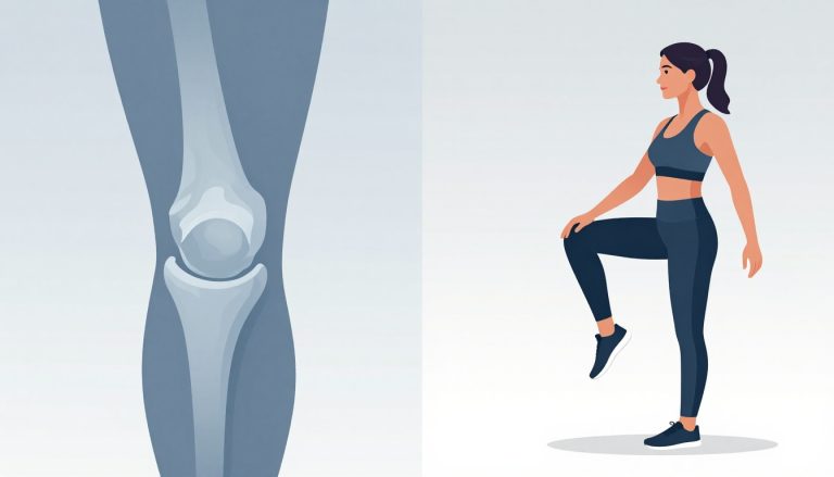 Illustration d’un genou usé et d’une femme réalisant un exercice de renforcement.