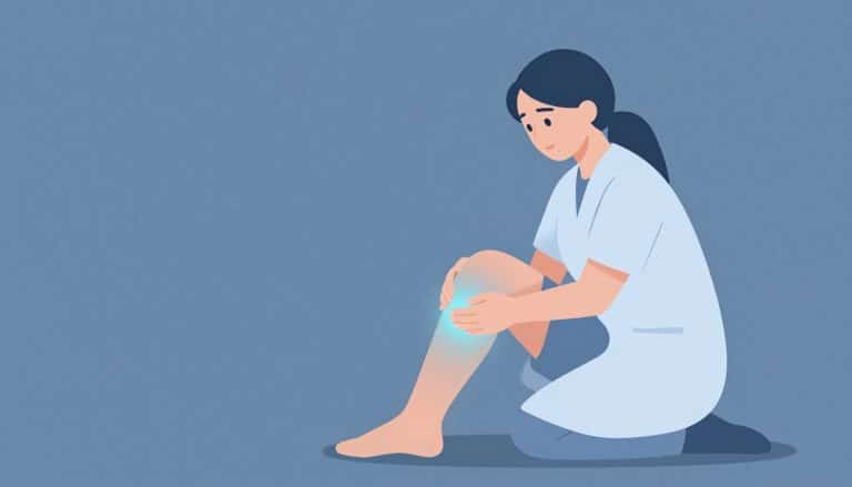 Une main de médecin soutient un genou légèrement fléchi, entouré d’une lueur bleue.