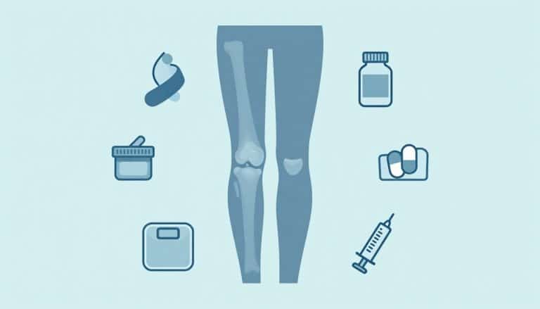 Illustration d’un genou avec cartilage visible, entouré d’un élastique, de médicaments, d’une seringue et d’une balance.