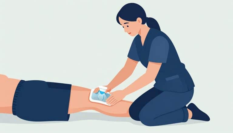 Une kinésithérapeute applique une poche de glace sur le genou droit d’un patient.