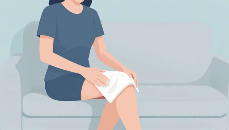 Une femme applique une poche de glace sur son genou droit.