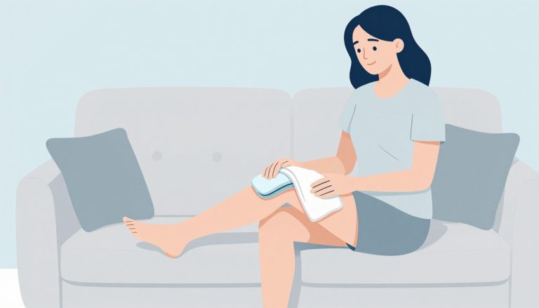 Une femme assise avec une poche froide sur le genou gauche.