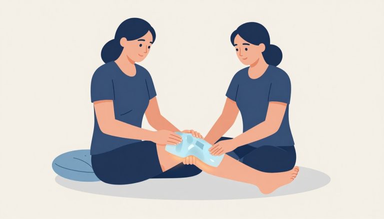 Une femme applique une poche de glace sur son genou droit, l’autre jambe reposant sur un coussin.