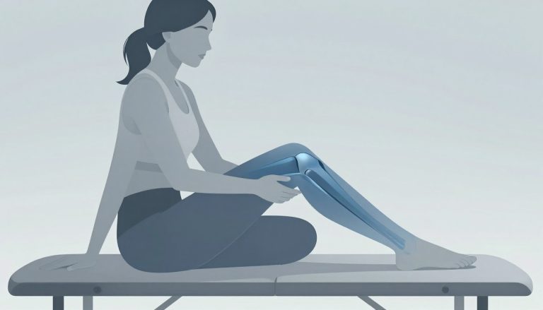 Femme assise, genou légèrement fléchi, avec le ligament interne mis en évidence en bleu.