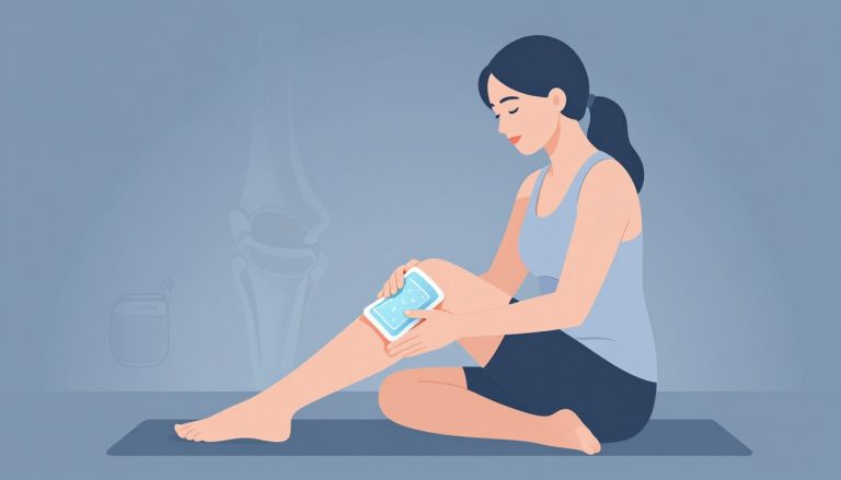 Une femme tient une poche de glace derrière son genou droit, assise sur un tapis de yoga.