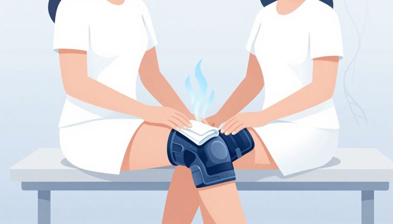 Une femme assise applique une poche de glace sur son genou maintenu par une orthèse.