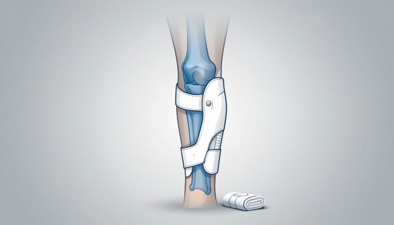Genou de profil avec ligament interne bleuté, genouillère blanche, poche de glace et serviette roulée.