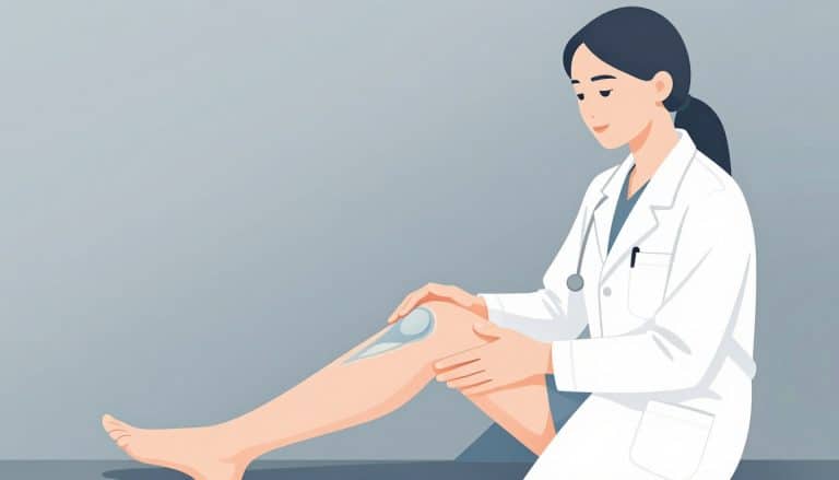 Une médecin rassure en posant la main sur un genou légèrement gonflé.