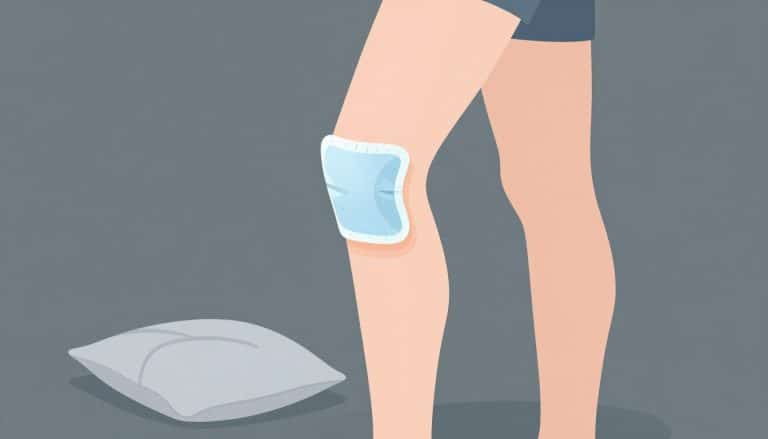 Genou légèrement gonflé avec une poche de glace et la jambe surélevée.