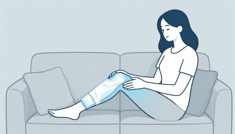 Une femme assise maintient son genou gonflé sous une poche de glace.