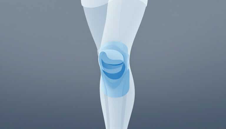 Genou gauche fléchi avec anatomie visible et poche de glace bleue sur l’avant.