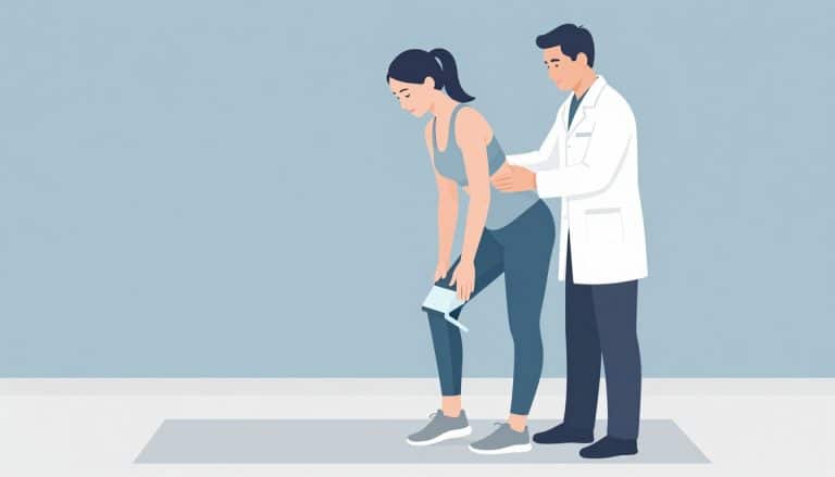 Une femme fléchit le genou avec un élastique sous la supervision d’un kinésithérapeute.