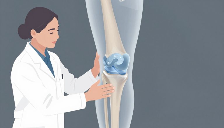 Illustration d’un genou détaillé, accompagné par une kinésithérapeute en blouse blanche.