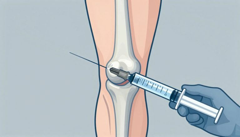 Seringue injectant de l’acide hyaluronique dans une articulation du genou.