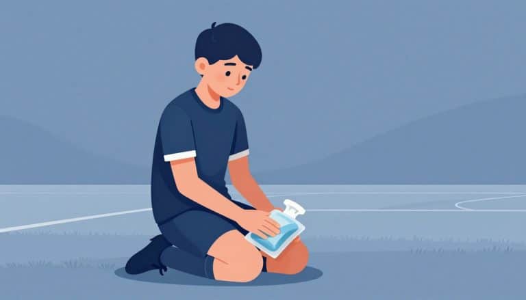 Un jeune footballeur applique une poche de glace sur son genou droit.