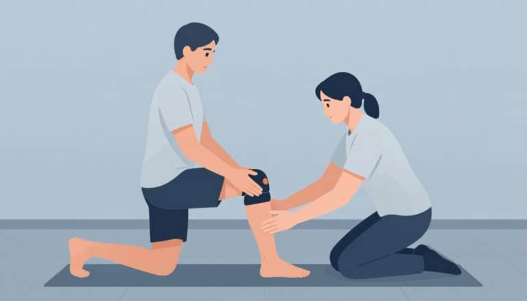 Une kinésithérapeute aide un homme à étirer son quadriceps dans un cabinet.